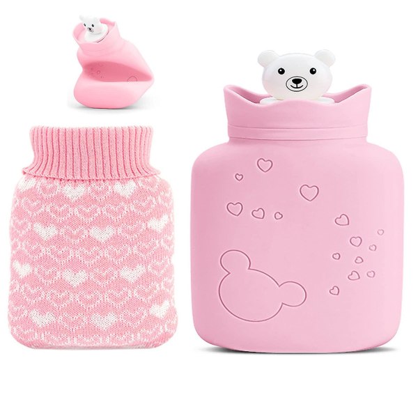 Mini varmtvannsflaske med deksel, solid varmtvannsflaske tykt og luksuriøst deksel Avtagbart og vaskbart Rask smertelindring og komfort (rosa)