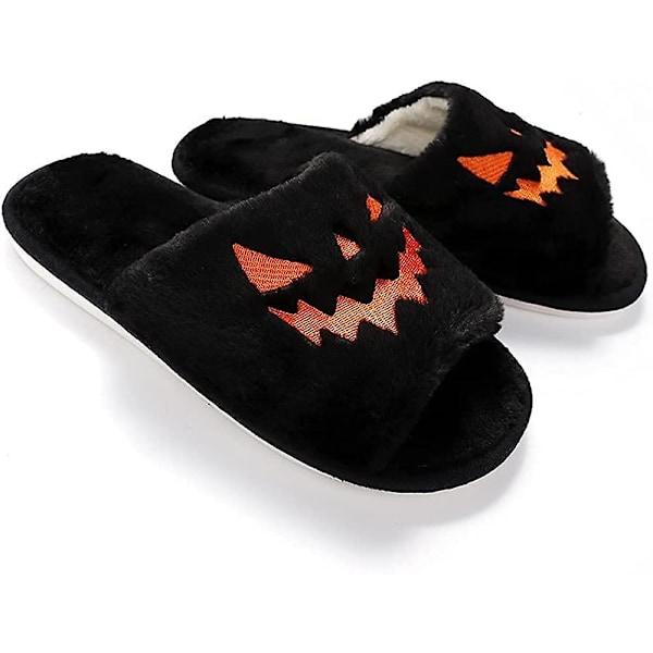 Halloween Spöklika Slides/halloween Pumpa Tofflor Mjuka Plysch Mysiga Öppna Tår Kvinnor Inomhus Utomhus Fuzzy Tofflor Unisex black eur37