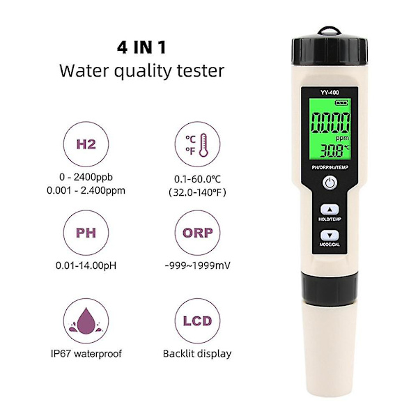 Ny Yy-400 Hydrogen Ion Koncentration Vandkvalitet Test Pen Ph/orp/h2 Og Tem 4 i 1 digital drik