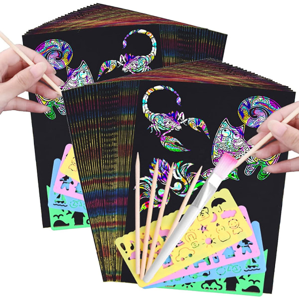 100 kpl Raaputusarkki lapsille Rainbow Scratch Art Paper Scratch Art Rainbow Raaputusarkit Musta Scratch Paper Scratch Board Piirustusalusta, 8 St