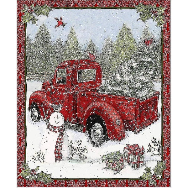 Stof Rødt Truck Collage Panel, 36" X 44" Panel Røde Trucks Præsenterer Træer Kaniner Vinterferie Collage Rødt bomuldsstofpanel til jul