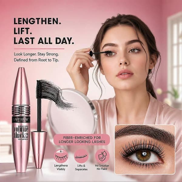 SAM SUGAR Volumizing Waterproof Mascara 15ml, Smudgeproof Lash Curl & Lengthening Formula