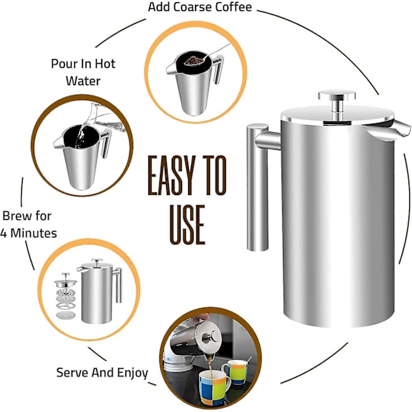 Fransk Presse, 100% Rustfrit Stål Dobbelt Vægge Isoleret Kaffe Presse Med Fine Filter, Espresso & Te Maker 32 Oz