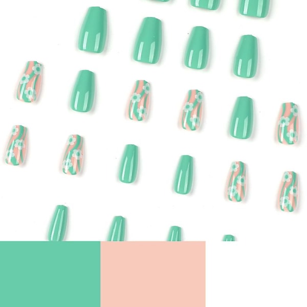 24-pack kvinnors pressade naglar falska långa linjer gröna vågblommor Färgmatchande vågiga nail art gör-det-själv-manikyrverktyg Heltäckande nagelklistermärken