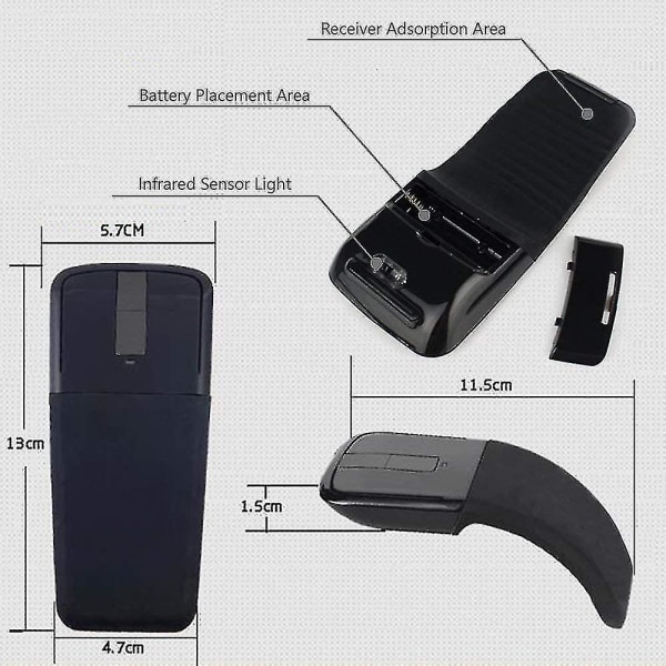 Ny hopfällbar mus 2,4ghz Arc Touch trådlös optisk pekmus med USB mottagare kompatibel bärbar dator/dator (svart)-youxiu