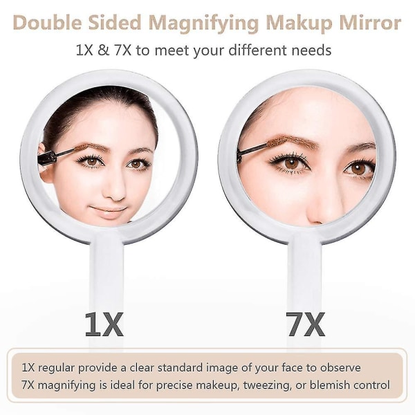 Håndholdt makeupspejl dobbeltsidet 1x og 7x forstørrelsesspejl håndholdt eller standerspejl, klart og premium kvalitet