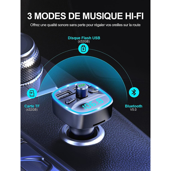 Bluetooth bil, FM-sender Bluetooth 5.0 trådløs mp3 musikkspiller radioadapter, håndfri samtale, doble usb-porter 5v/2.4a & 1a, billaderforsyning