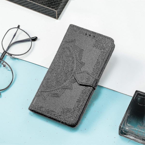Samsung Galaxy A10 Case Nahkainen Lompakon Cover Kohokuvioitu Mandala Magneettinen Flip Protection Iskunkestävä - Musta