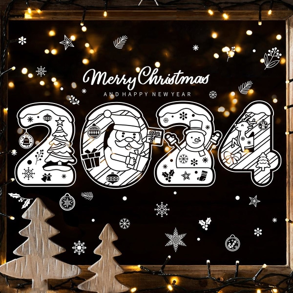 2024 godt nytår vinduesmærkat, hvid snefnug julemand snemand juletræ klistermærke, glædelig julepynt