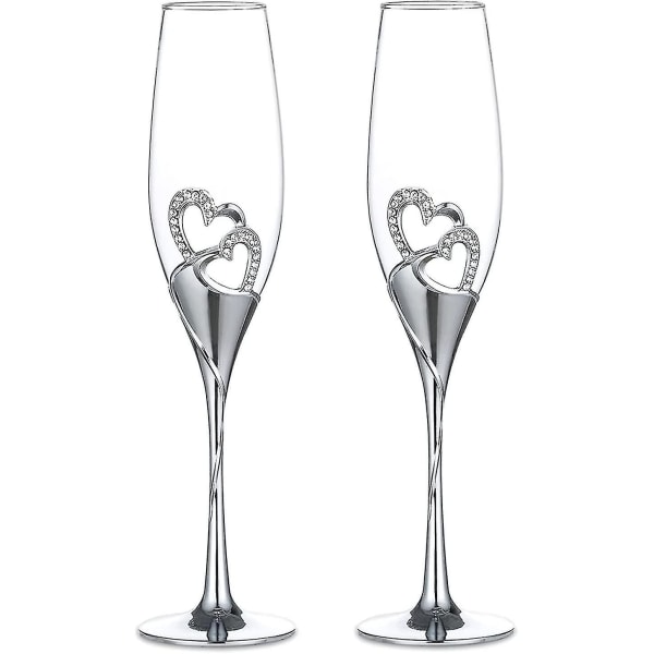 2-delt Creative Champagne Glass Sett Bryllup Krystallglass Hjerteformede Bryllup Champagne Gift Cut Glass, Sølv