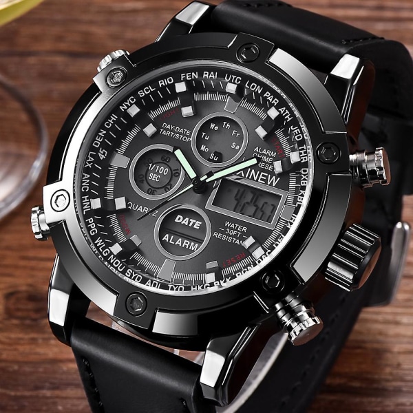 Luxury Dual Movt Men's Leather Quarz Analog Digital Led Sport Wrist Watch