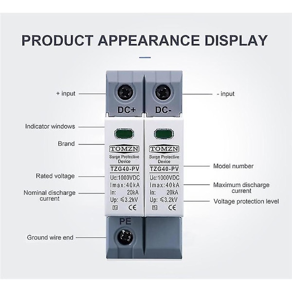 Tomzn Dc Spd 2p 1000v 20ka-40ka Din Skinne Soludendørs Strømbeskyttelse Overspændingsbeskytter Overspændingsbeskytter