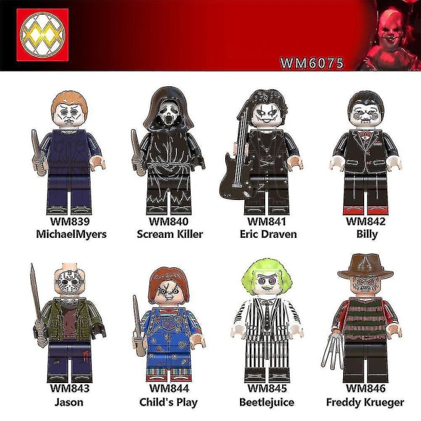 8pcs/set Hot Horror Movie Characters Mini Figures Billy Freddy Jason Building Blocks Minifigures Toys Kids Halloween Creative Gifts Presents