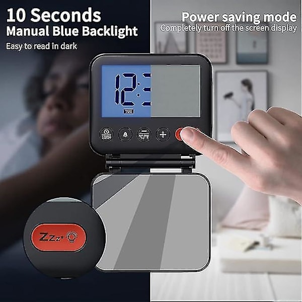 (Sort) Rejsevækkeur Mini Bærbar LCD Digitalt Ur Med Baggrundsbelyst Kalender 12/24H Temperatur M