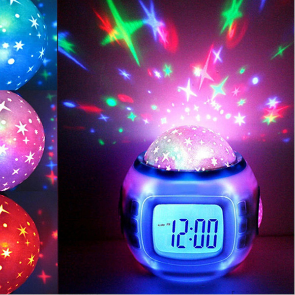 Stjernehimmel Projektor Lampe Natlys LCD Vækkeur Med Musik Snooze Kalender Termometer Soveværelse Dekoration
