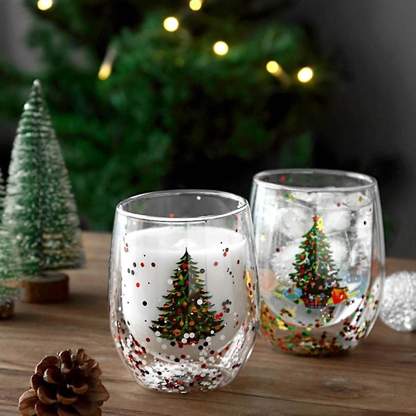 Glitter julgran kopp transparent dubbelväggig vatten mjölk kaffe glas