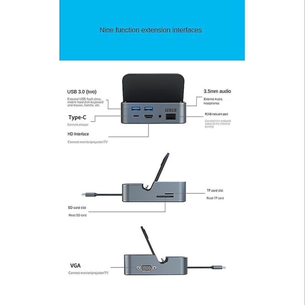 Telakointiasema USB C -keskitin 4k-yhteensopivaan USB 3.0 Pd 100w pikalaturiin S22 S20 Dex Phone Dockiin