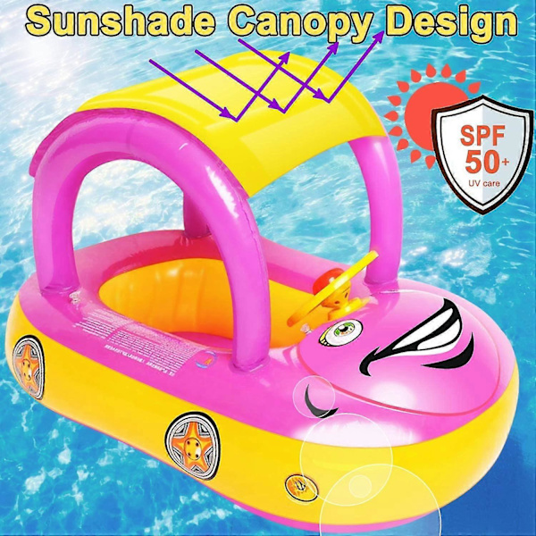 2023 - Oppustelig Baby Pool Float Med Baldakin, Bilformet Baby Svømme Float Båd Med Solsejl Sikkerhedssæde Til Småbørn Spædbarn Svømme Ring Pool (Pink)