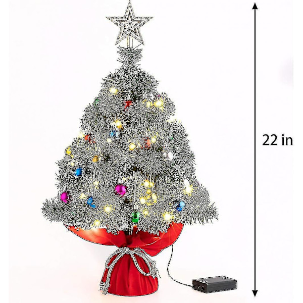 22 tum Mini Julgran för Bordsskiva, Konstgjord Julgran med 30 LED-lampor & 24 st Juldekorationer