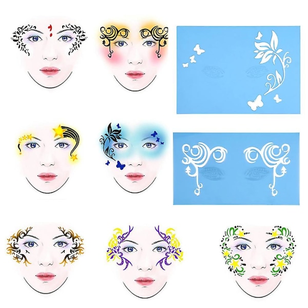 7 stilar/ set Återanvändbar ansiktsmålarstencil - Kroppsmålningsmall för blom-, fjärilsdesign