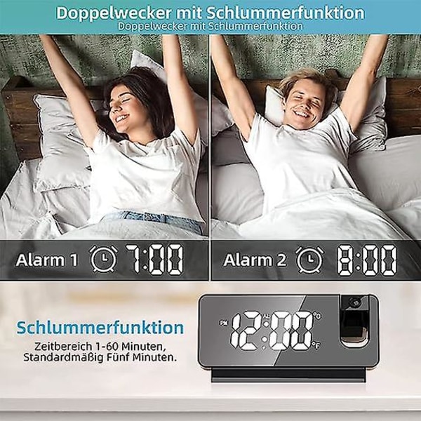 Digital väckarklocka, Projektionsväckarklocka med tidsprojektion, Väckarklocka med projektion 180, 12/24 timmars LED-spegelväckarklocka, Temperatur