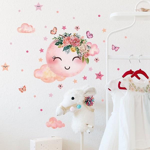 Rosa tegneserie smiley sky stjerner veggklistremerke barn baby rom dekorasjoner veggmaleri soverom tapet