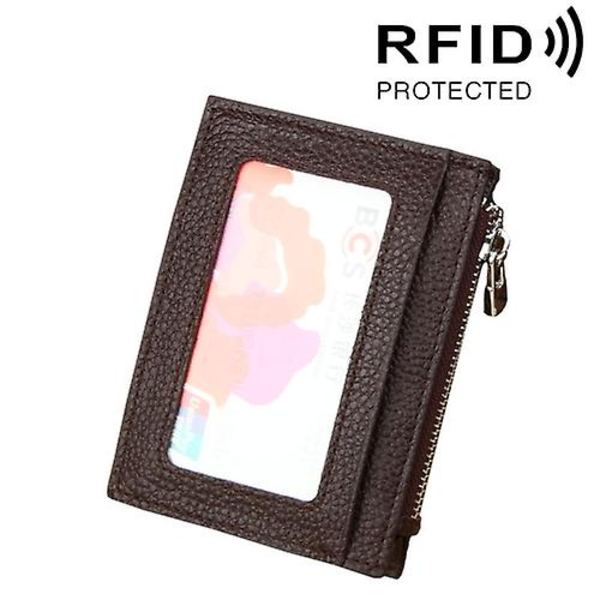 Korthållbar läderplånbok med dragkedja, RFID-blockerande kortfodral, skyddsficka, myntväska, storlek: 11*8*1,5 cm Coffee