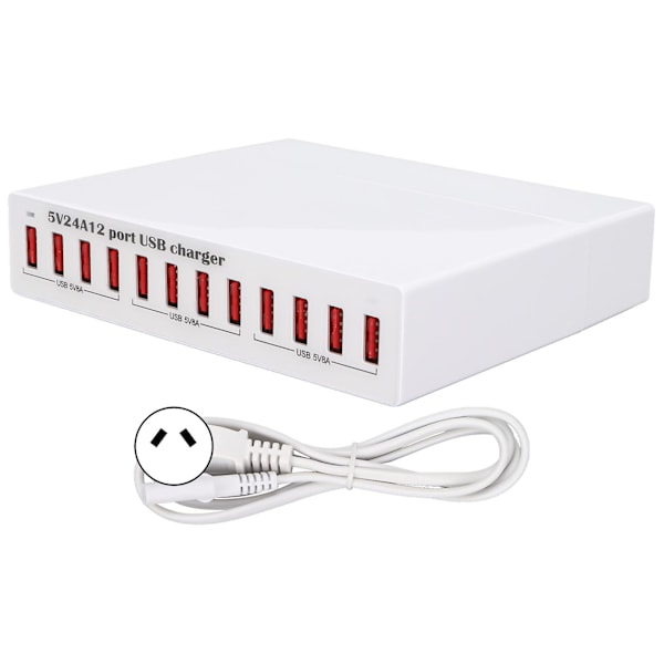 12-ports USB-opladningsstation med intelligent shunt, LED-indikatorlys, automatisk genkendelse og AU-stik - 100-240V