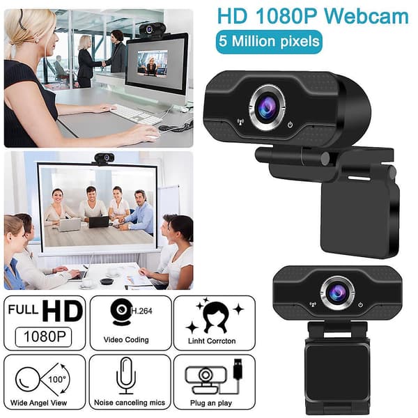 1080p Full HD USB-webkamera for PC, stasjonær og bærbar PC med mikrofon