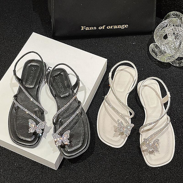 2023 Sommer Ny Butterfly Dekorert Rhinestone Flat Sandaler white 39