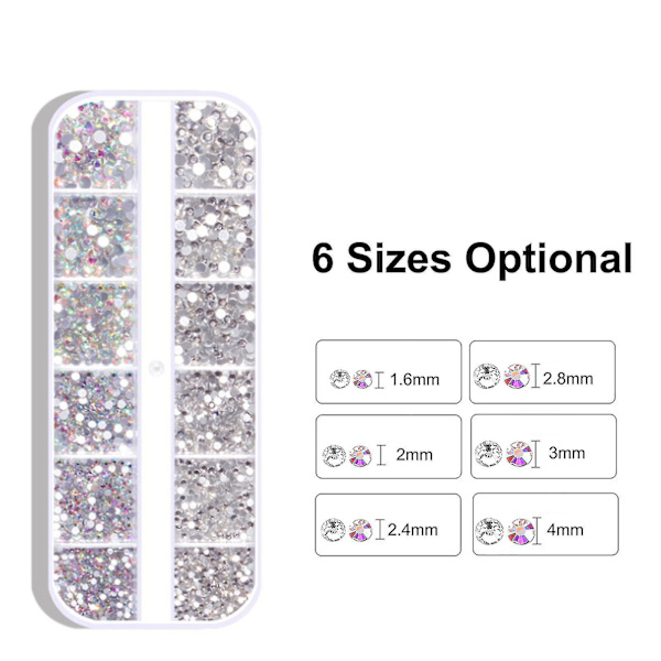 1800 st Nail Arts Rhinestone Kit Crystal Ab Dekoration Gems 6 Storlekar (1,6-4 mm) Rund Iridescent Glas Flatback Glitter Diamant Charms Gem Stone För 3
