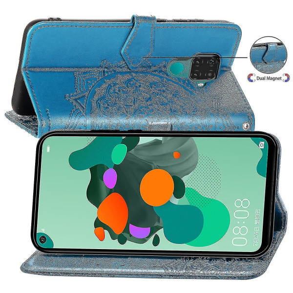 Huawei Mate 30 Lite Case Nahkainen Lompakon Cover Kohokuvioitu Mandala Magnetic Flip Protection Iskunkestävä - Sininen