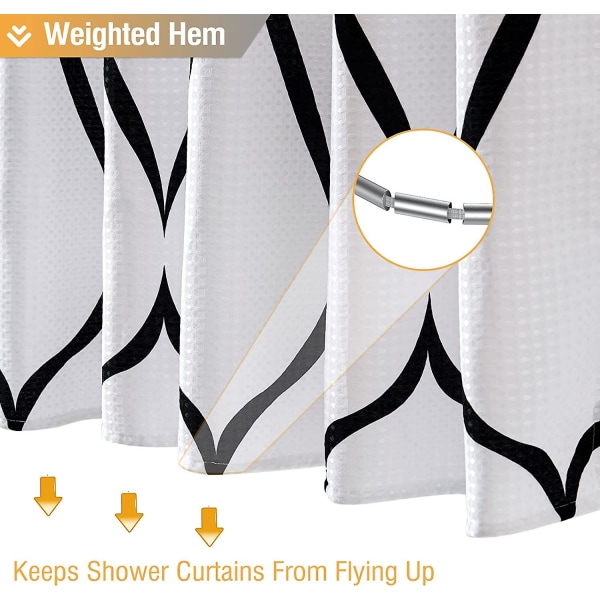 Duschdraperi i vitt tyg, abstrakt geometriskt våffelvävt duschdraperi i set med 12 metallkrokar, modern elegant konst Heavy Duty Poly