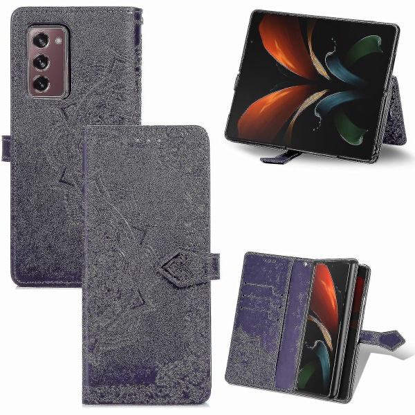 Samsung Galaxy Z Fold2 Case Nahkainen Lompakon Cover Kohokuvioitu Mandala Magneettinen Flip Protection Iskunkestävä - Violetti