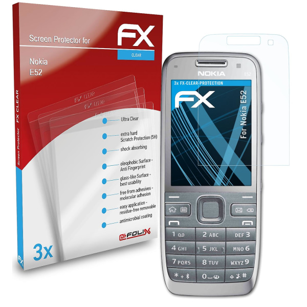 atFoliX 3x beskyttelsesfolie kompatibel med Nokia E52 Displaybeskyttelsesfolie klar
