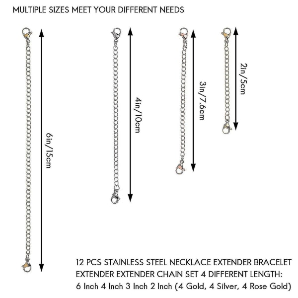 12 st Rostfritt stål Halsband Extender Armband Extender Extender Chain Set 4 Olika längd: 6