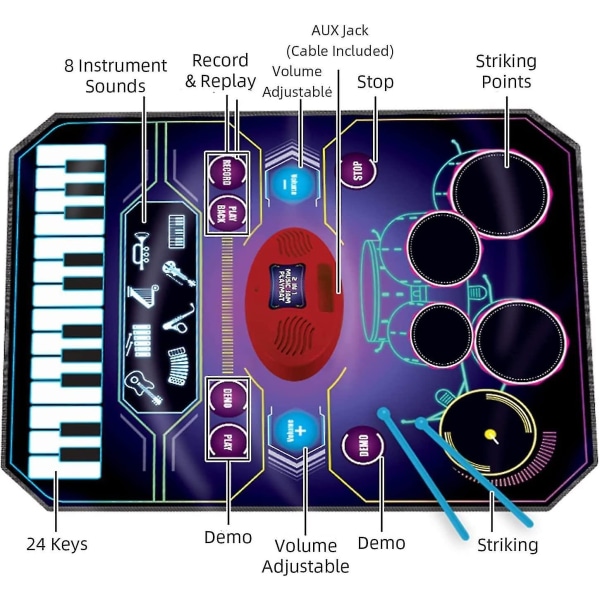 2-i-1 musikindlæringslegetøj, elektronisk tromme + klaverpude|Optag og spil, indbyggede sange, 8 instrumenter