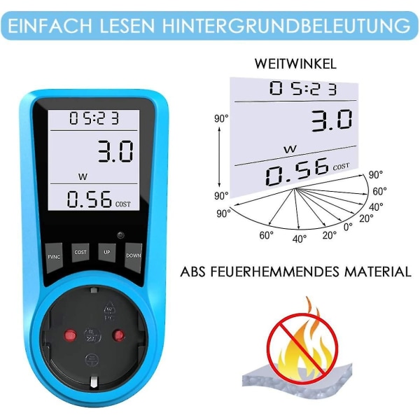 Energiekostenmessgert, Leistungsmessgert Mit Berlastschutz, 3680 W, Stecker Mit Groem LCD-näyttö, Blau