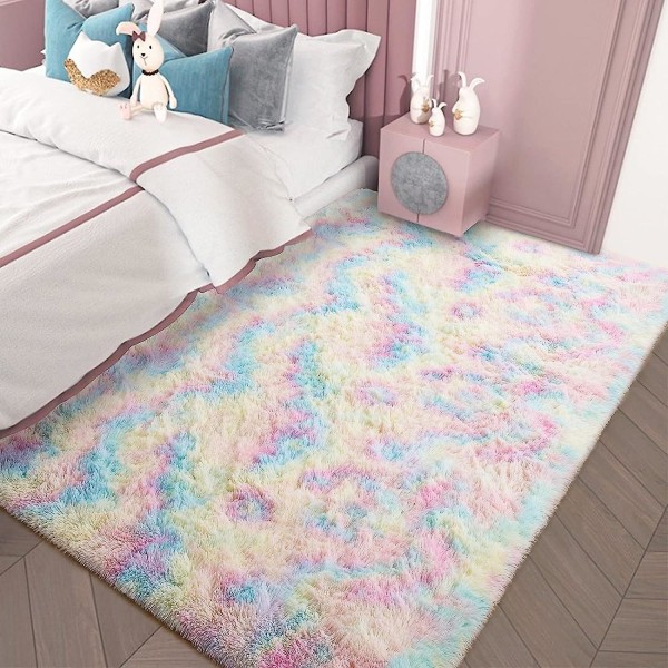 Tyttöjen matto makuuhuoneeseen Lastenhuone Ylellinen pörröinen, erittäin pehmeä sateenkaarialueen matot Söpö värikäs matto toddler taaperoille