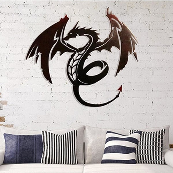 Metallinen lohikäärme seinätaide, seinälle ripustettava taidekoriste Lohikäärmeveistos makuuhuoneen olohuoneen sisustamiseen, musta maalilohikäärme