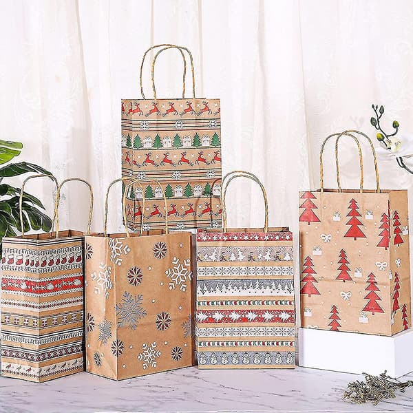 Julklappspåsar i Kraftpapper, 24 stycken, med Handtag, Julpapperspåsar