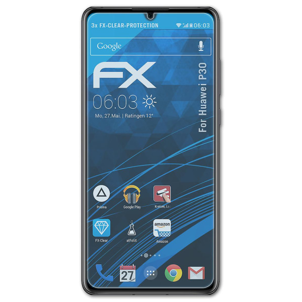 atFoliX 3x skyddsfolie kompatibel med Huawei P30 Displayskyddsfolie klar