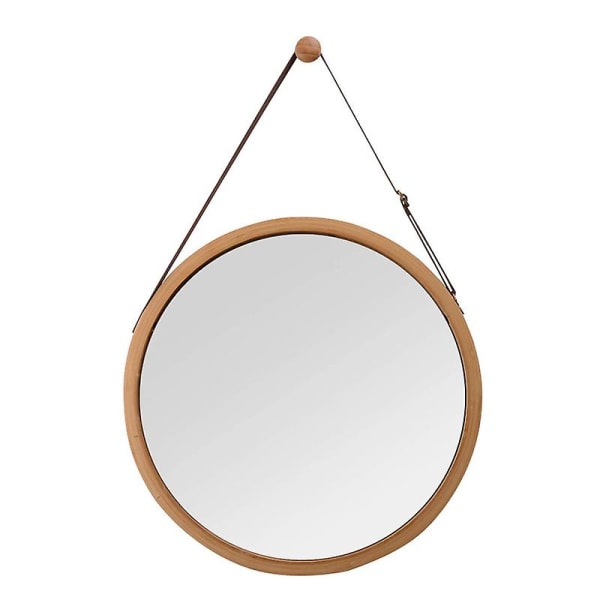 Bambus vægspejl Rundt gangspejl Badeværelsesspejl med justerbar læderrem 38 cm