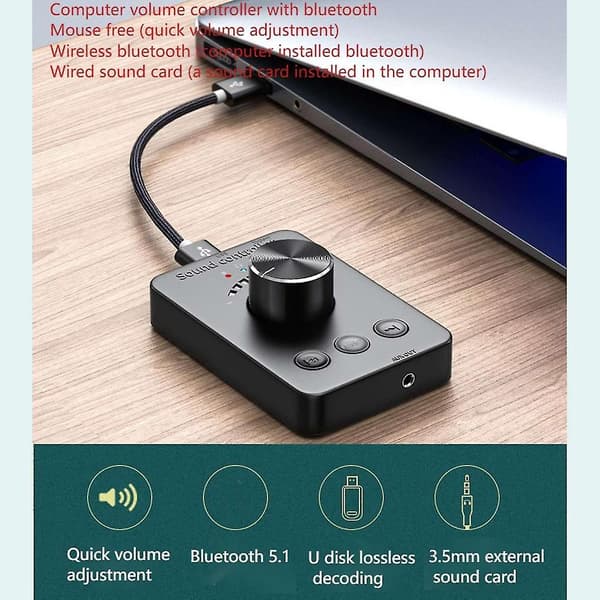 Usb-volymkontroll, extern USB-ljudkort, Bluetooth 5.1-sändare, drivrutinsfri (för Windows