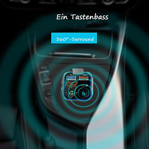 Fm-sändare Bluetooth V5.0 Bilradio Deep Bass Musikadapter Handsfree Billaddare Med Dubbla Usb-portar Pd Typ C Qc 3.0 Usb Snabbladdning Med Blå