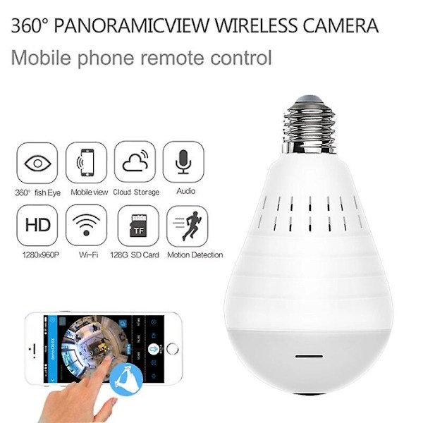 E27 Led-valokamera 960p Langaton Panoraama Koti Turvallisuus Wifi Cctv Fisheye Lamppu