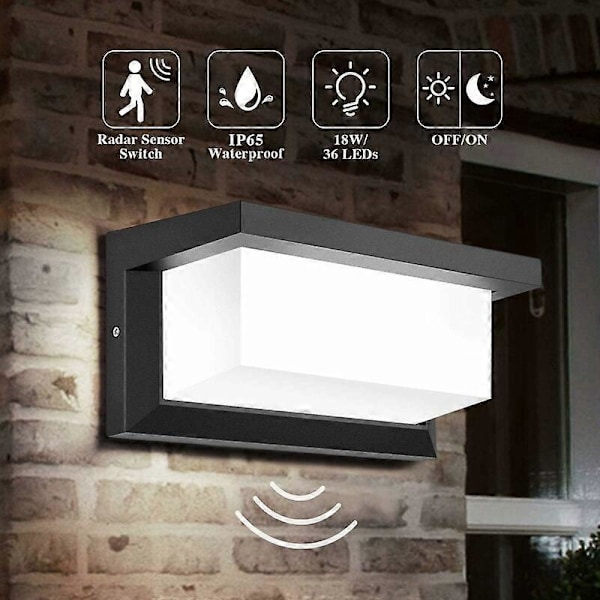 LED Utomhusvägglampa med Rörelsesensor, 18W Utomhusbelysning IP65 Vattentät Kvadratisk Radarinduktionskontrolllampa för Patio Balkong Garage Garage W