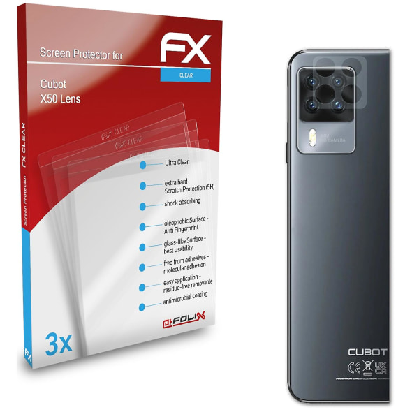 atFoliX 3x beskyttelsesfolie kompatibel med Cubot X50 Lens Displaybeskyttelsesfolie klar