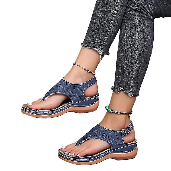 Komfortable ortopediske sandaler for kvinner, t-stroppsandaler, flate sandaler for strand og fritid 36