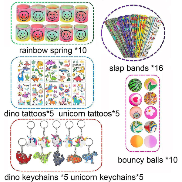 Juhlalaukkujen täyttöpakkaukset lapsille Acsergery Slinkyllä, läppänauhat, lasten tatuoinnit, pomppivat pallot